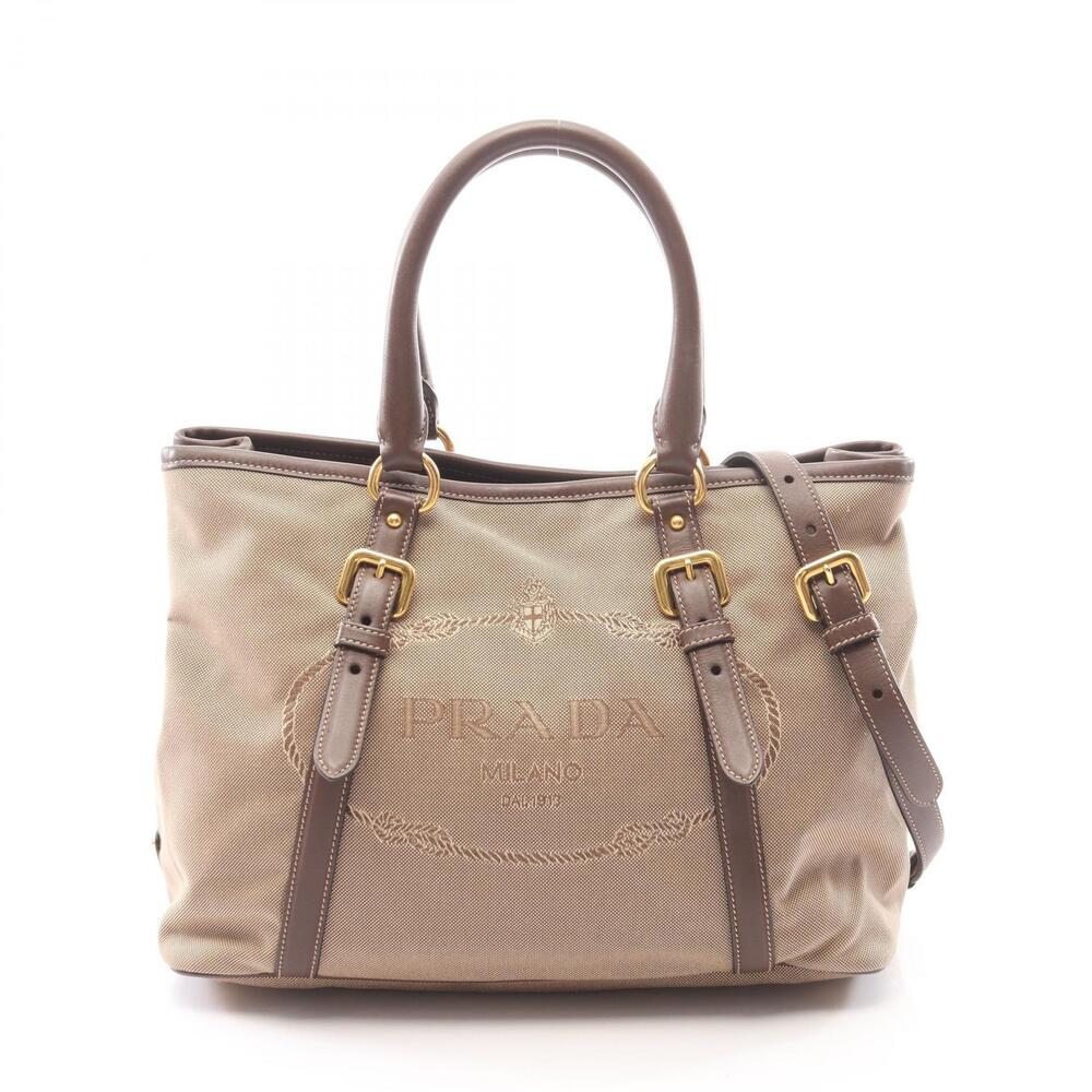 Prada Logo Jacquard Canvas Leather Beige 2Way Shoulder Bag Brown Tan
